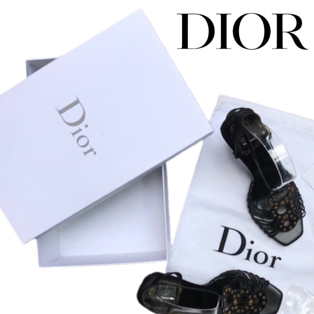 DIOR Black Strapy Leather Heels w Metallic Detail